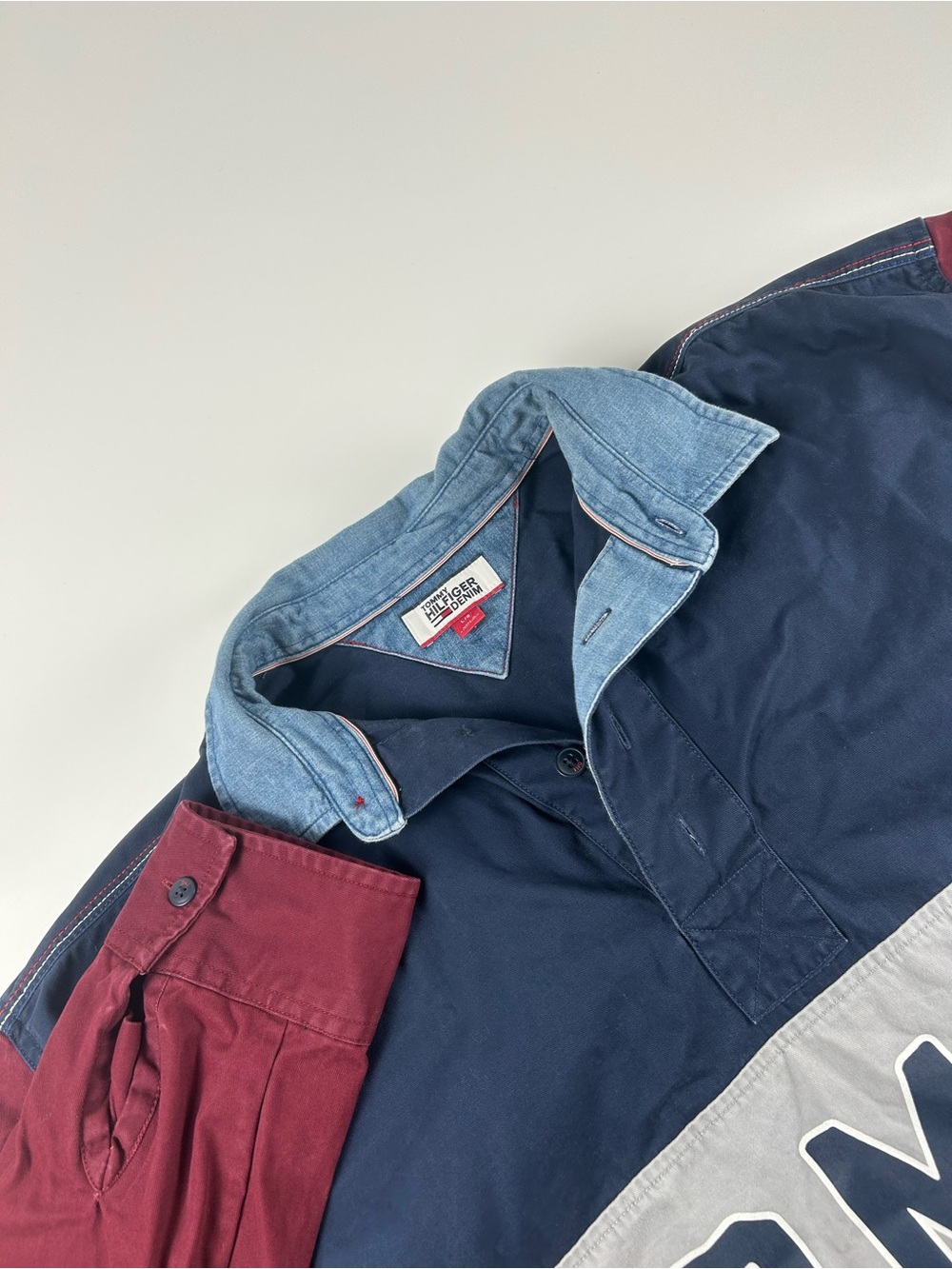 Tommy Hilfiger Men’s SZ L Denim Colorblock VTG Rugby Long Sleeve 90s Cotton